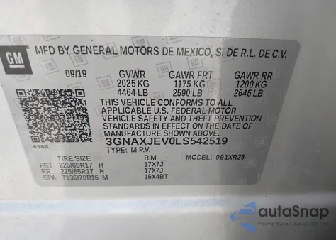 2020 Chevrolet Equinox Fwd 2Fl из США, поврежденный, VIN 3GNAXJEV0LS542519
